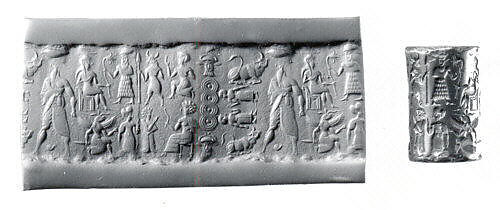 Cylinder seal and modern impression: human figures and demons, Hematite 
