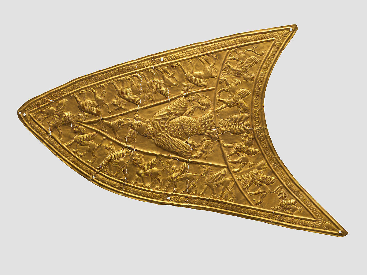 Plaque with a bird of prey and winged beasts, Gold, Iran