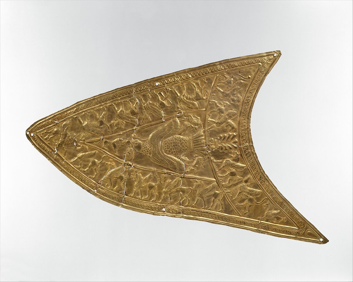Plaque with a bird of prey and winged beasts, Gold, Iran