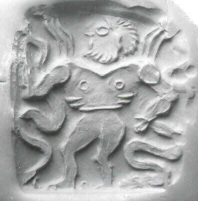 Double-sided stamp seal: nude winged hero dominating snakes; winged dragon, Steatite or chlorite, Bactria-Margiana Archaeological Complex 