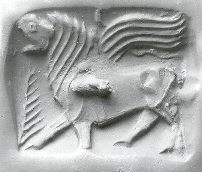Double-sided stamp seal: nude winged hero dominating snakes; winged dragon, Steatite or chlorite, Bactria-Margiana Archaeological Complex