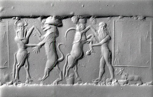 Cylinder seal and modern impression: heroes wrestling rampant animals, Jasper, Akkadian 