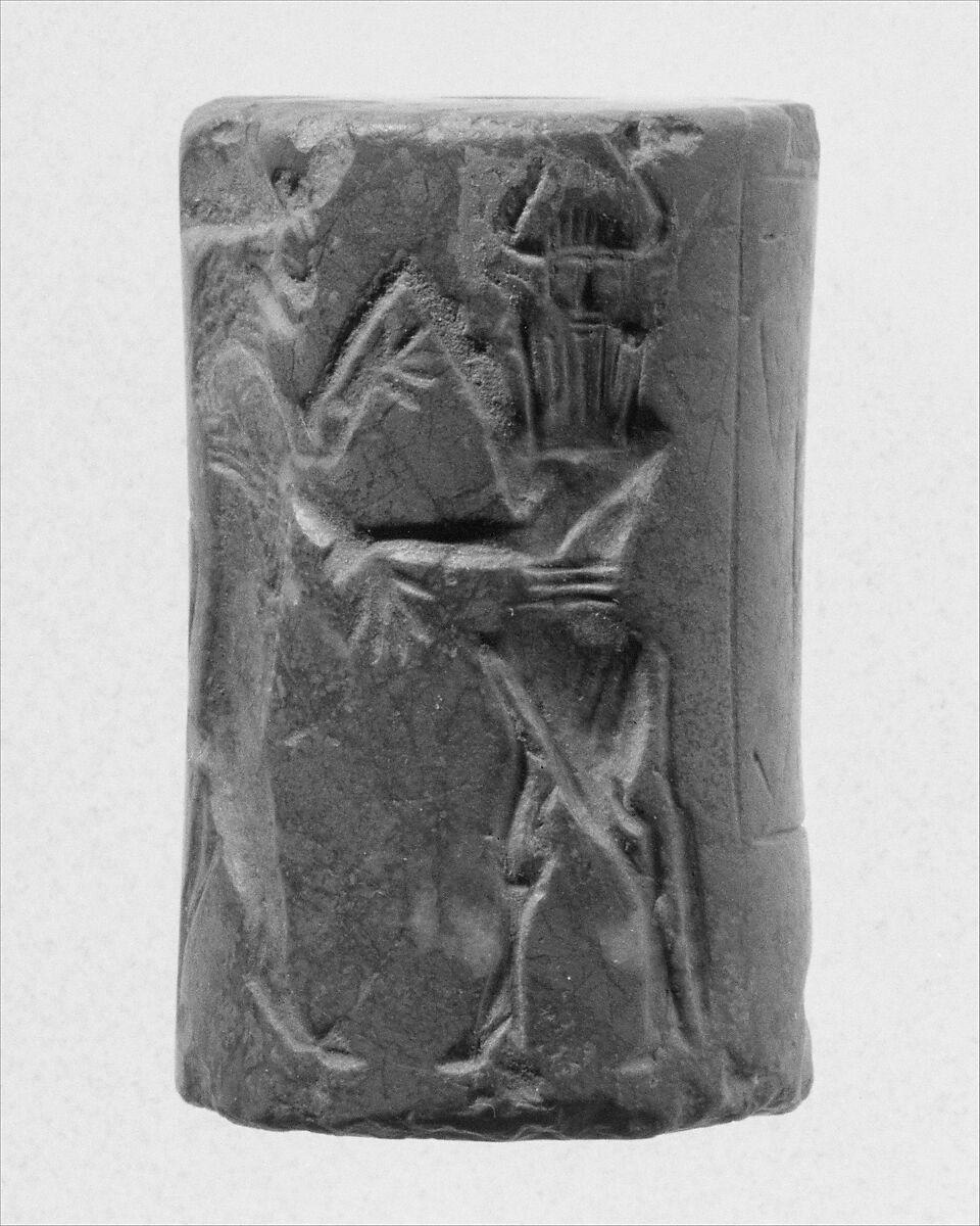 Cylinder seal and modern impression: heroes wrestling rampant animals, Jasper, Akkadian