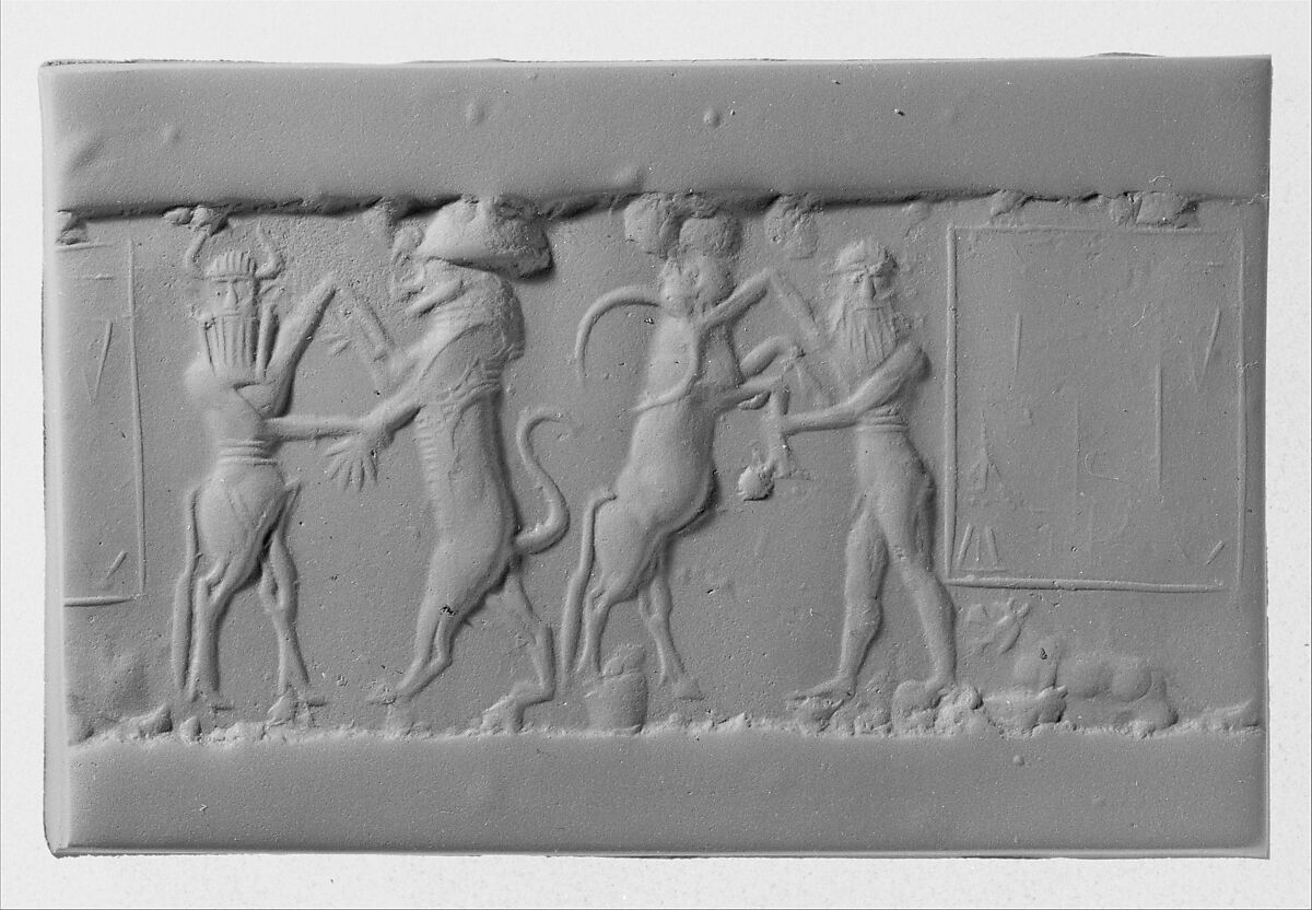 Cylinder seal and modern impression: heroes wrestling rampant animals, Jasper, Akkadian