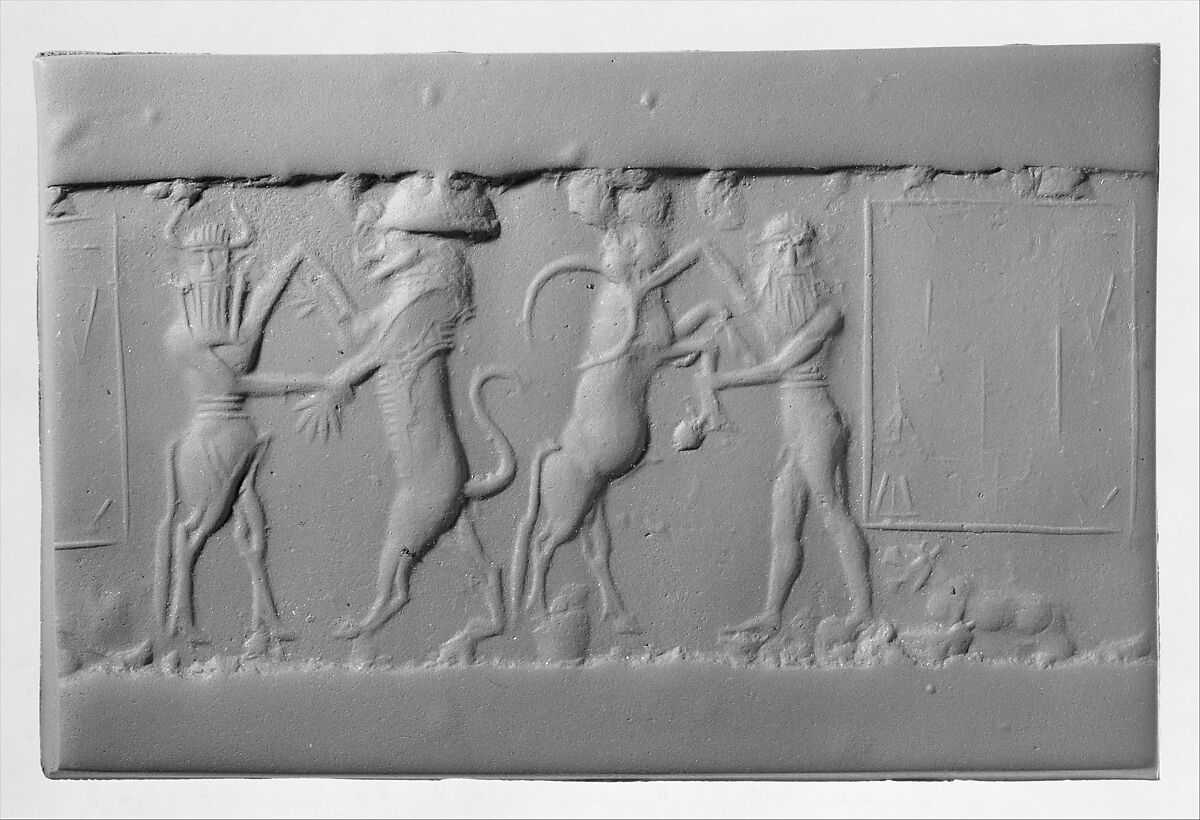 Cylinder seal and modern impression: heroes wrestling rampant animals, Jasper, Akkadian