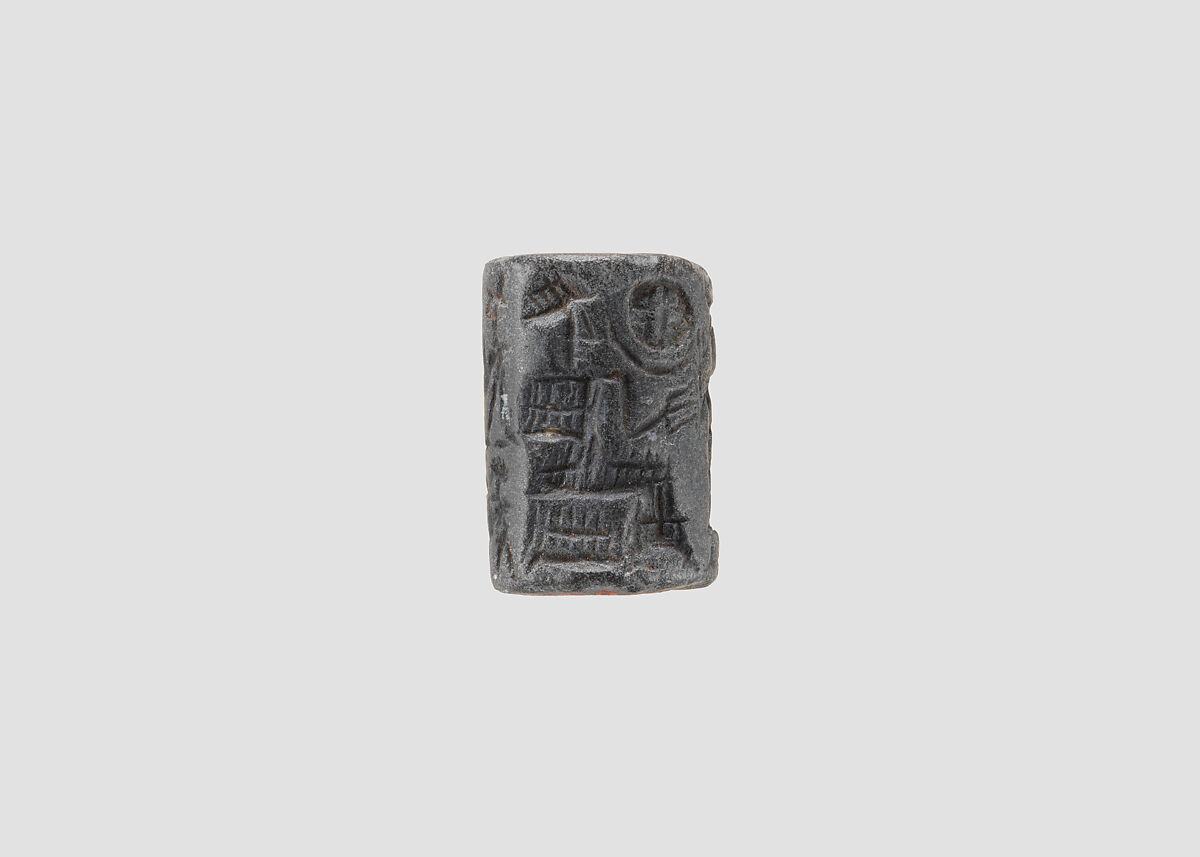 Cylinder seal and modern impression: seated figure approached by a goddess leading a worshiper, Hematite, Old Assyrian Trading Colony