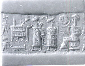 Cylinder seal and modern impression: seated figure approached by a goddess leading a worshiper, Hematite, Old Assyrian Trading Colony 
