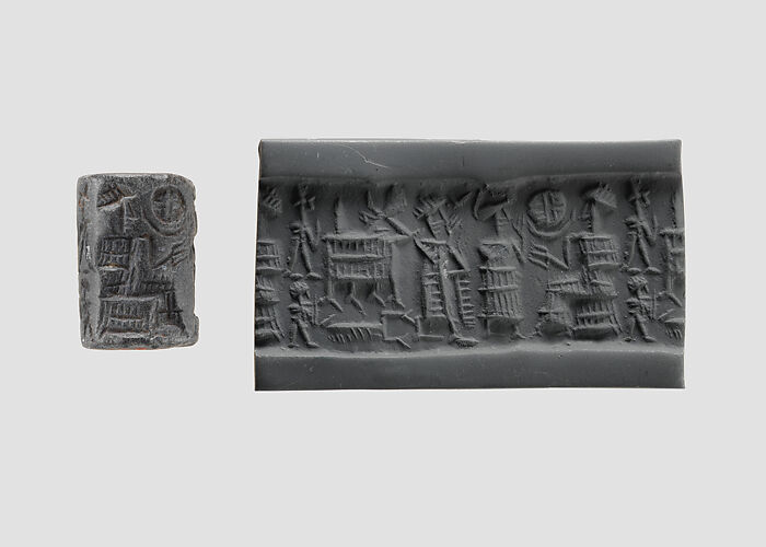 Cylinder seal and modern impression: seated figure approached by a goddess leading a worshiper