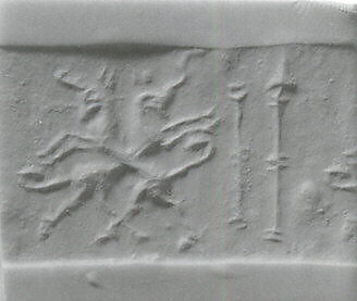 Cylinder seal with animals and divine symbols, Mottled orange and brown Limestone, Elamite 