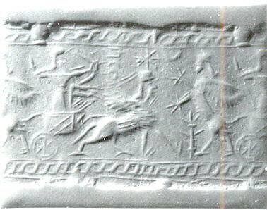 Cylinder seal with chariot hunting scene, Variegated red, neutral, and white Chalcedony (Quartz), Assyrian 