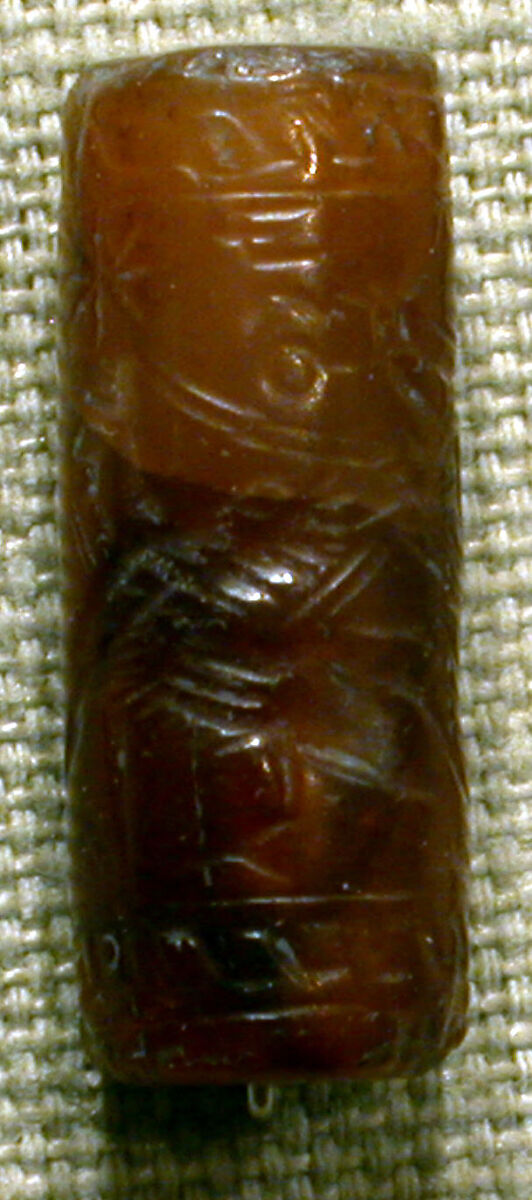 Cylinder seal with chariot hunting scene and Old South Arabian inscription, Variegated red, neutral, and white Chalcedony (Quartz), Assyrian