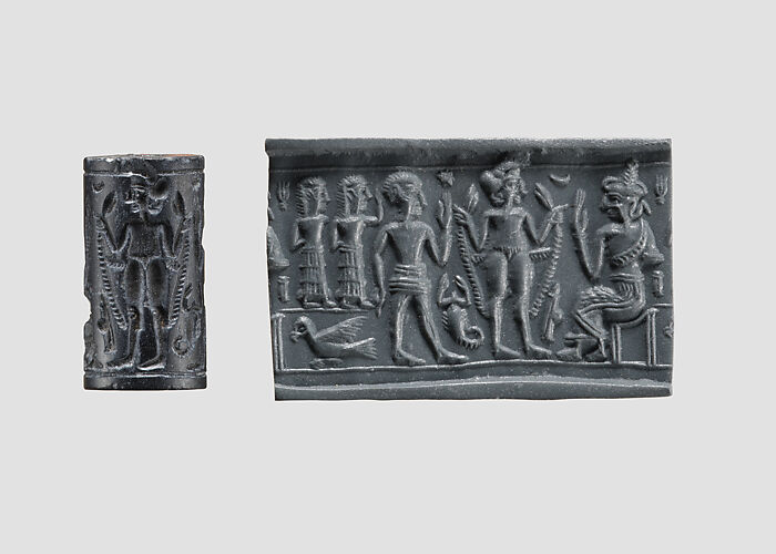 Cylinder seal and modern impression: nude goddess before seated deity