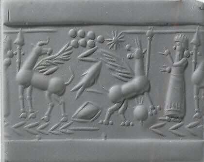 Cylinder seal with cultic scene, Variegated Carnelian (Quartz), Assyrian 