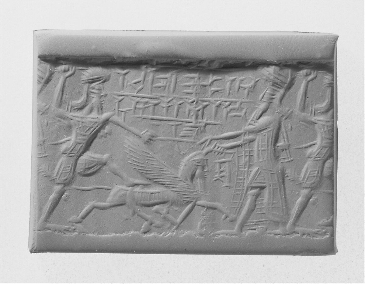 Cylinder seal with mythological contest scene, Flawed and veined neutral Chalcedony (Quartz), Elamite or Babylonian 