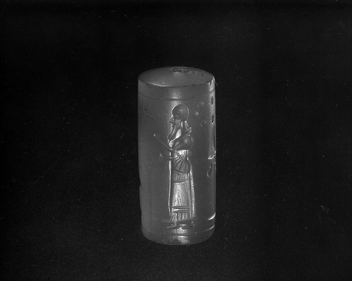 Cylinder seal with cultic scene, Neutral Chalcedony (Quartz), Assyro-Babylonian