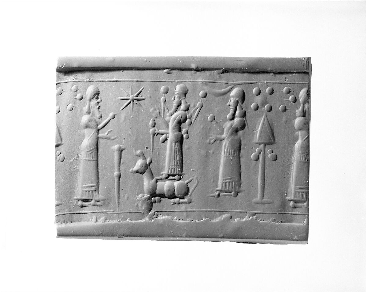 Cylinder seal with cultic scene, Neutral Chalcedony (Quartz), Assyro-Babylonian 