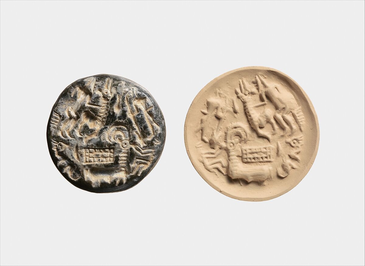 Stamp seal: hunters and goats, rectangular pen (?), Steatite or chlorite, Dilmun 