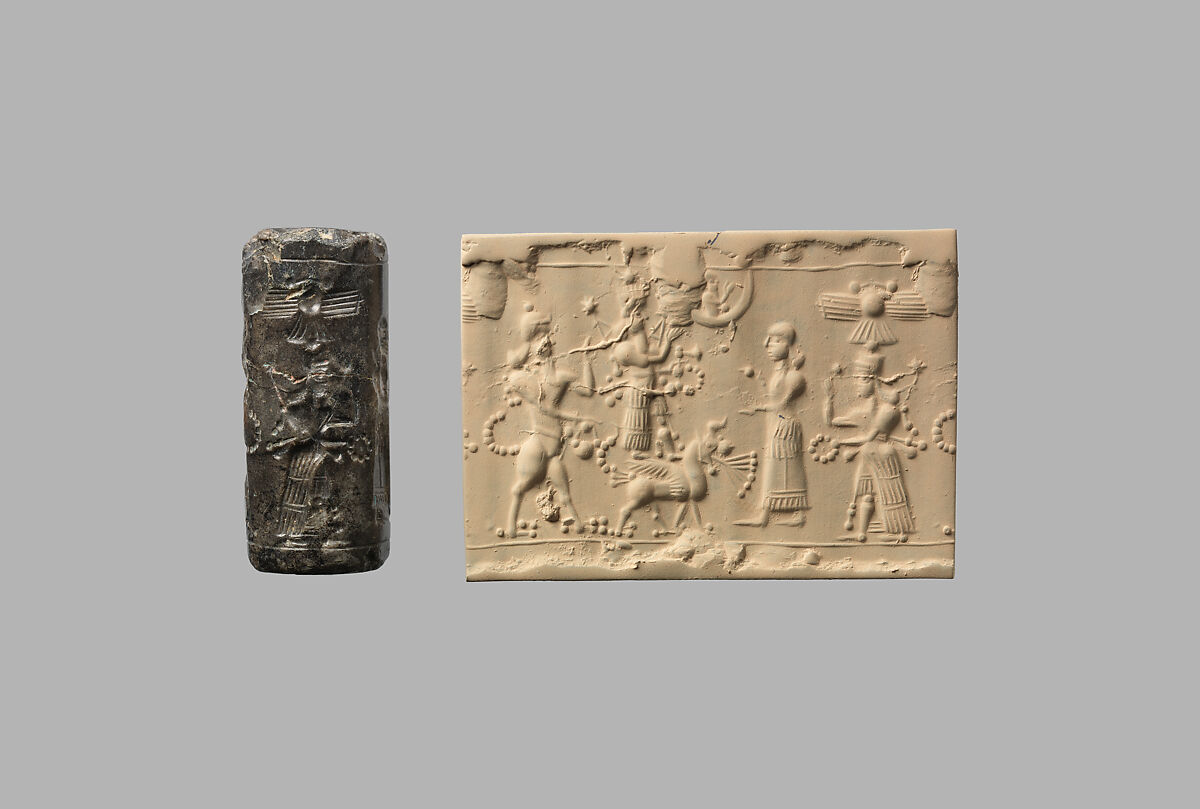 Cylinder seal with cultic scene, Mottled and veined gray and black Jasper (Quartz), Assyrian 