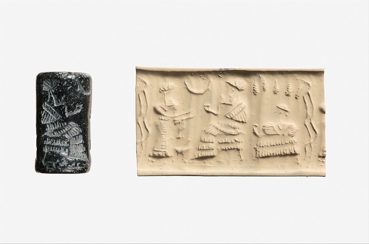 Cylinder seal and modern impression: worshiper before a seated ruler or deity; seated female under a grape arbor, Serpentine, Elamite 