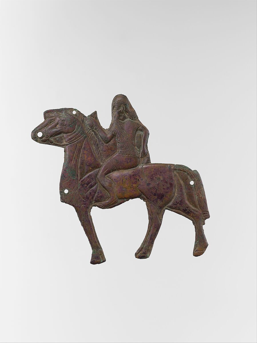 Plaque depicting a horse and rider, Bronze, traces of gold overlay, Assyrian 