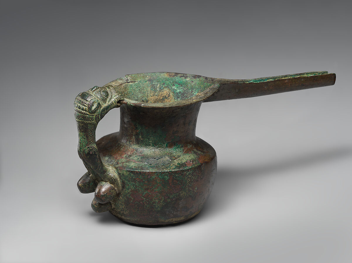 Spouted vessel with lion-shaped handle, Bronze