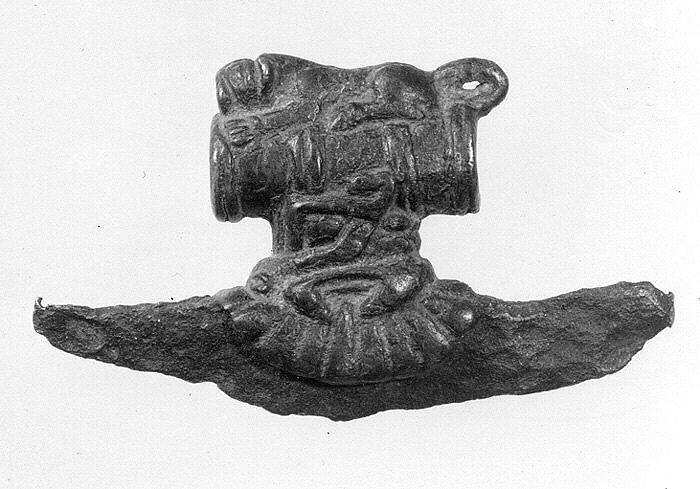 Crescent-shaped axe head with an iron blade, Bronze, iron, Iran 