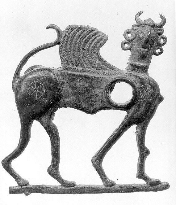 Horse bit cheekpiece in form of a winged, human-headed quadruped, Bronze, Iran 