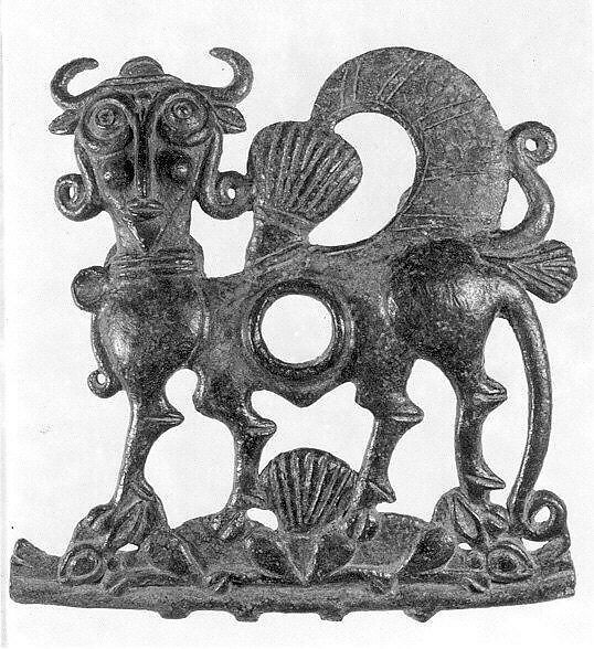 Horse bit cheekpiece in form of a winged, human-headed quadruped, Bronze alloy, traces of iron, lead, Iran 