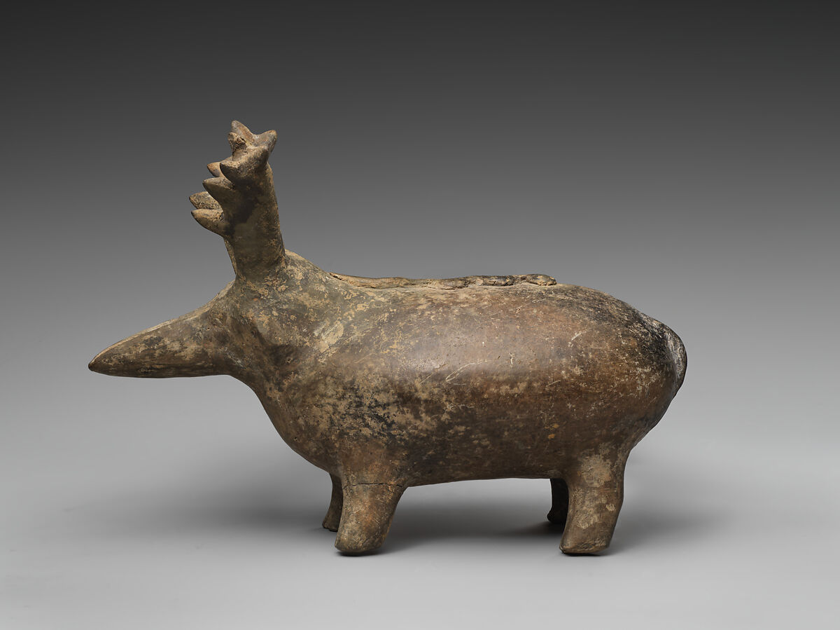 Spouted vessel in the shape of a stag, Ceramic, Iran