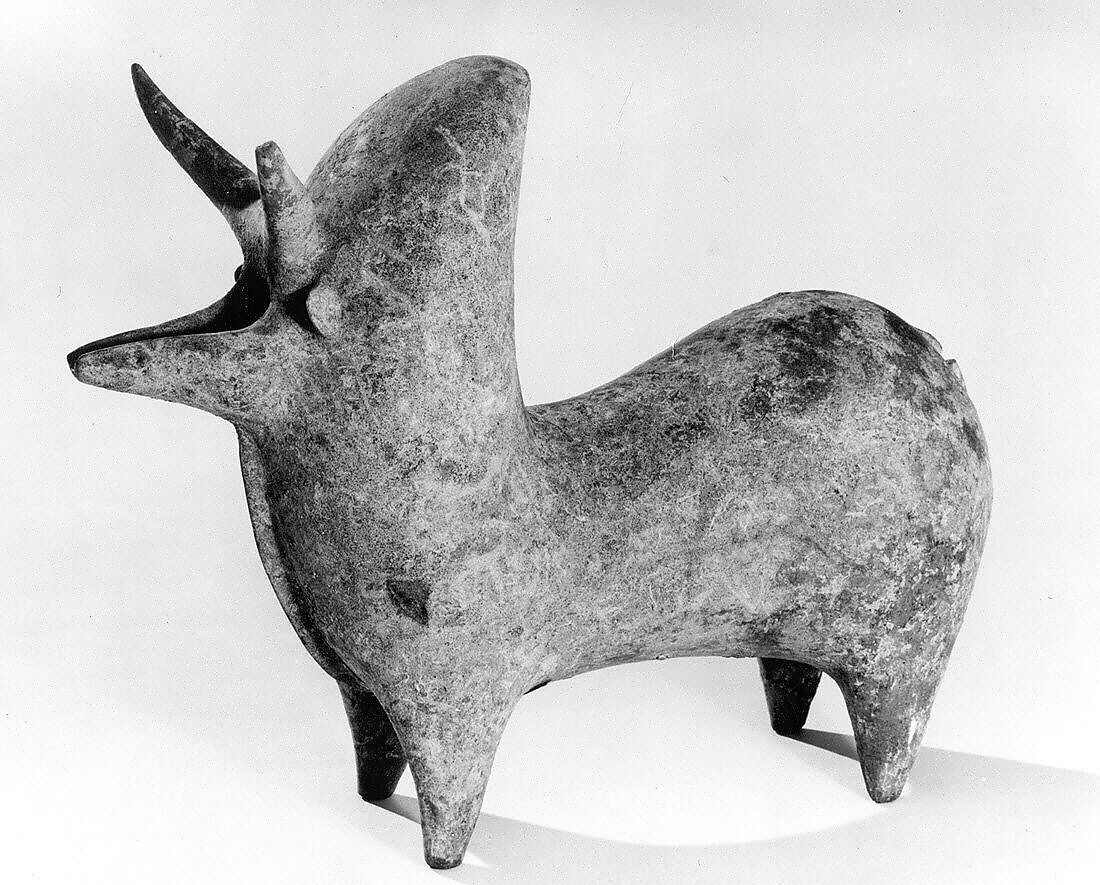 Spouted vessel in the shape of a zebu, Ceramic, Iran