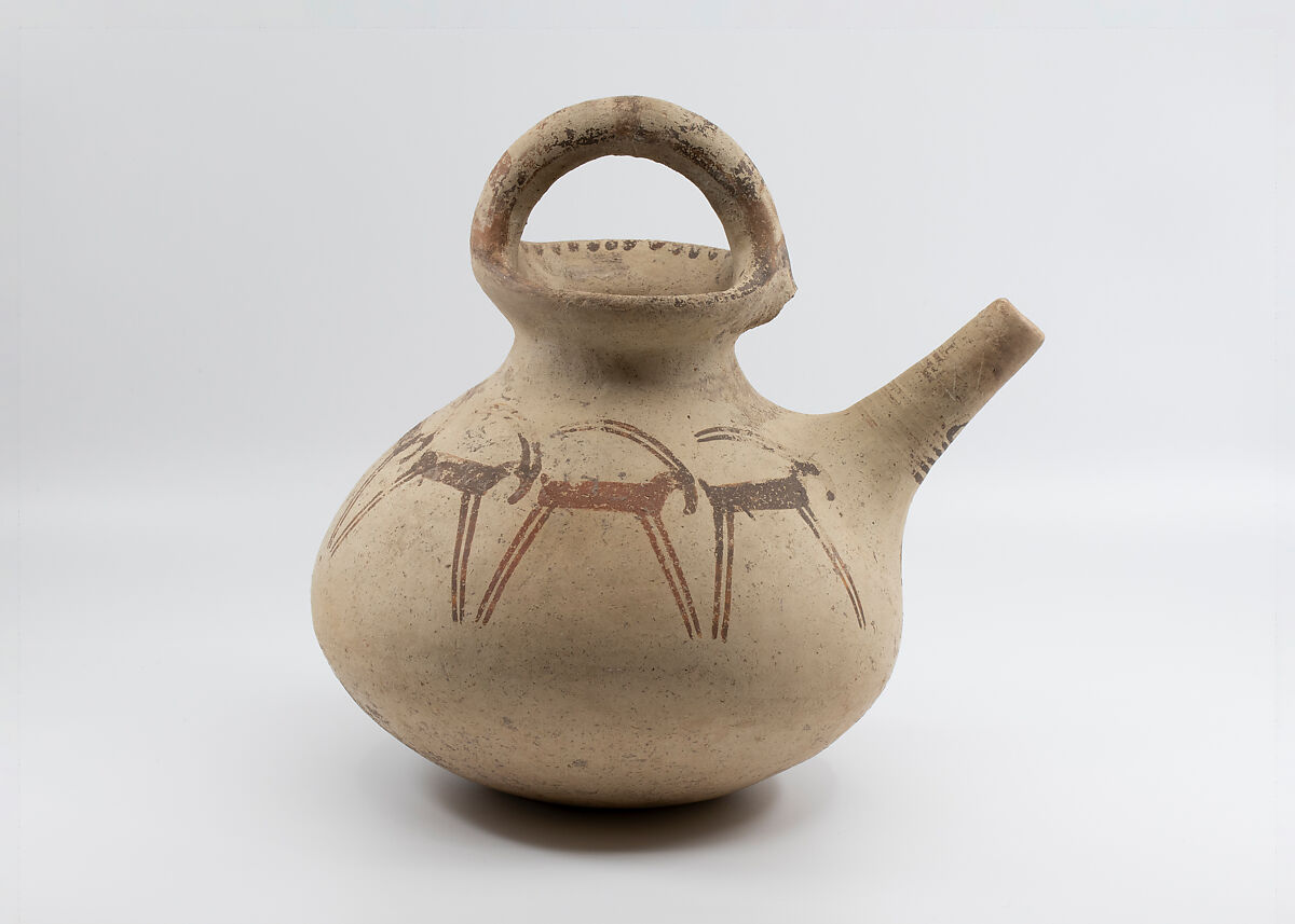 Pitcher decorated with ibexes, Ceramic, paint, Iran 