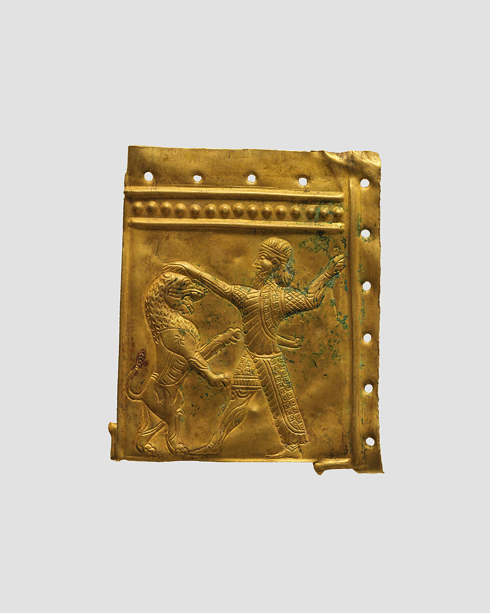 Panel fragment with a lion hunt, Gold, Iran 