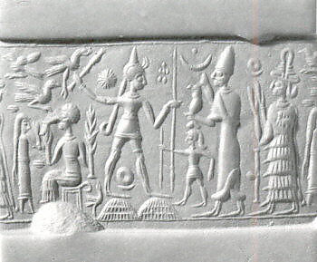 Cylinder seal and modern impression: smiting weather god before king and goddess, Hematite 