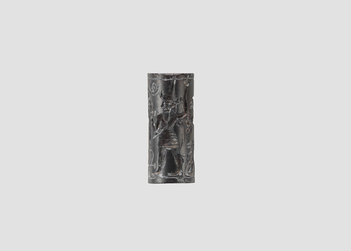 Cylinder seal and modern impression: smiting weather god before a Syrian goddess, nude goddess; ankh symbols, Hematite