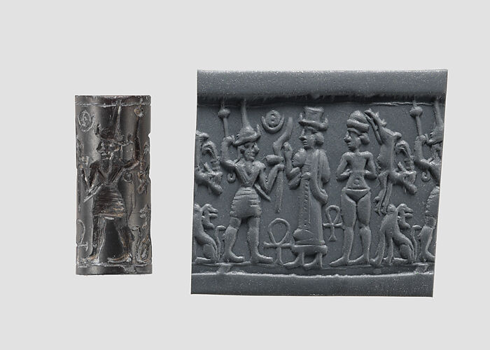 Cylinder seal and modern impression: smiting weather god before a Syrian goddess, nude goddess; ankh symbols