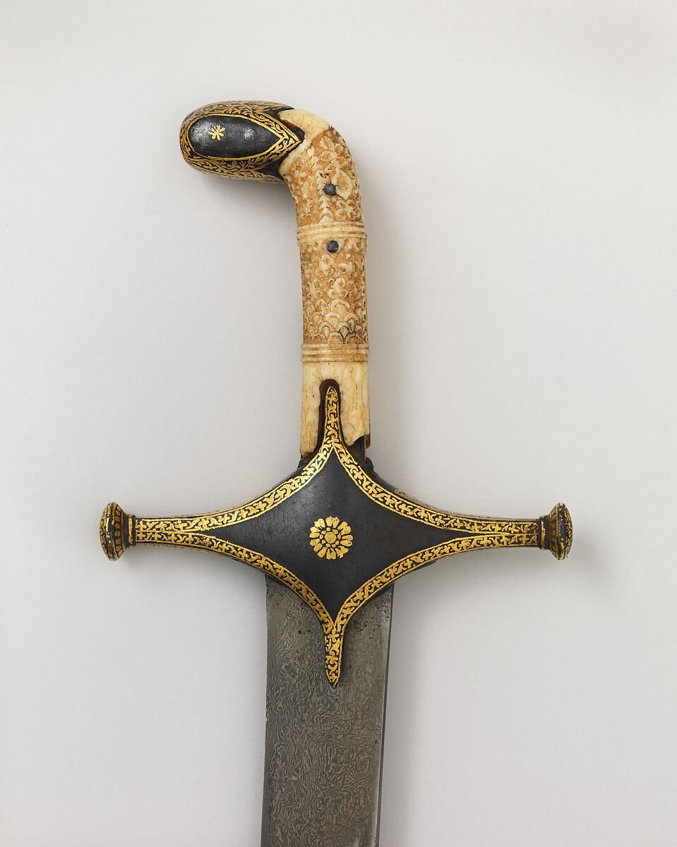 Saber with Scabbard, Steel, wood, leather, ivory, gold, Persian