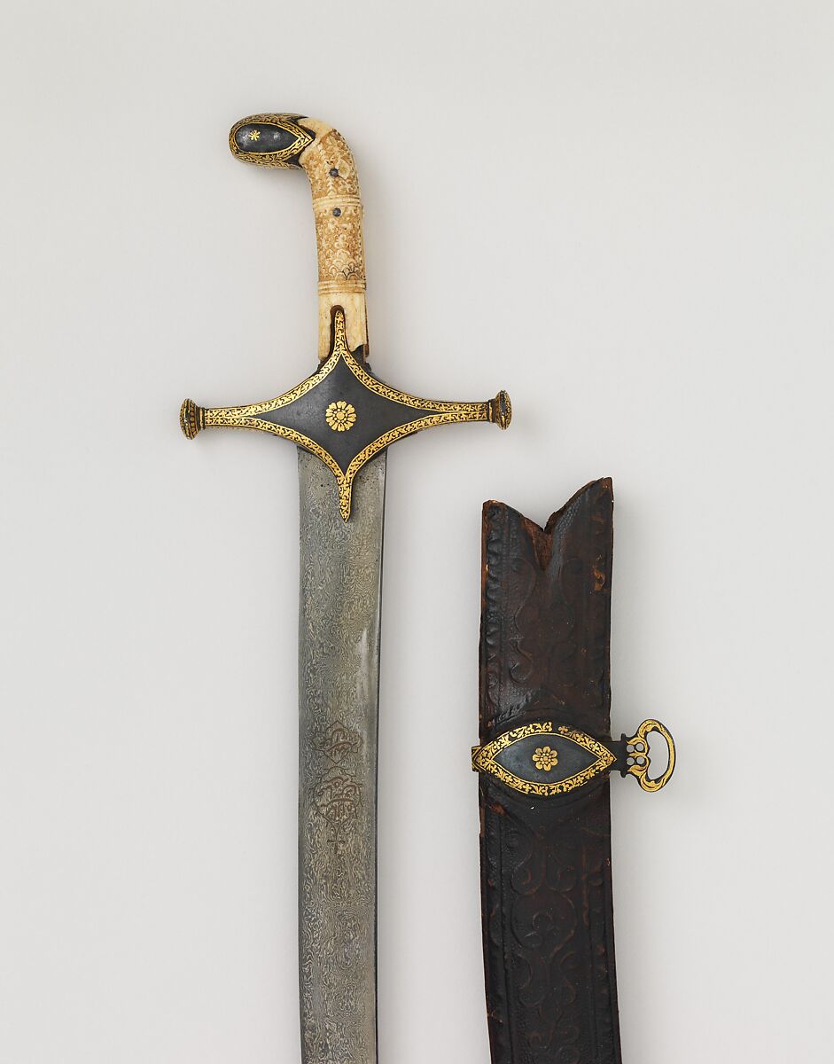 Saber with Scabbard, Steel, wood, leather, ivory, gold, Persian