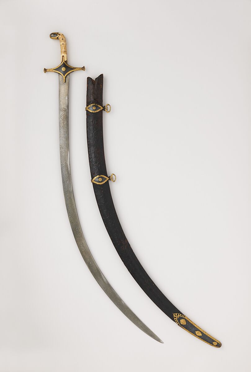 Saber with Scabbard, Steel, wood, leather, ivory, gold, Persian 
