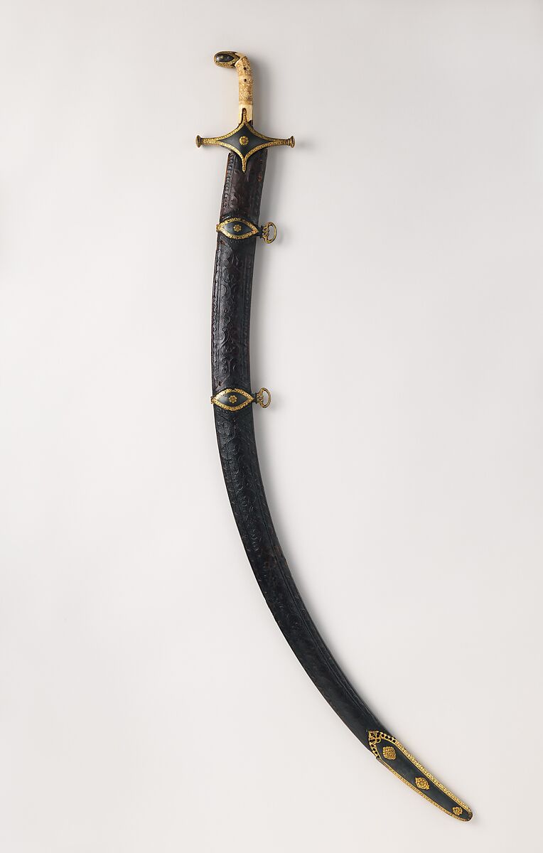 Saber with Scabbard, Steel, wood, leather, ivory, gold, Persian