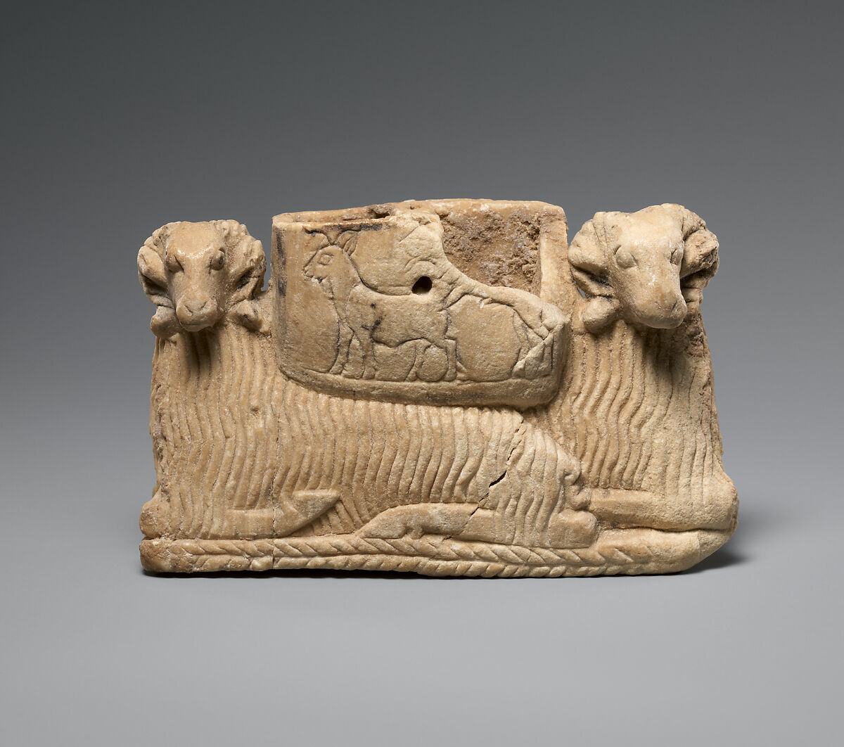 Vessel supported by two rams, Gypsum alabaster, Sumerian 