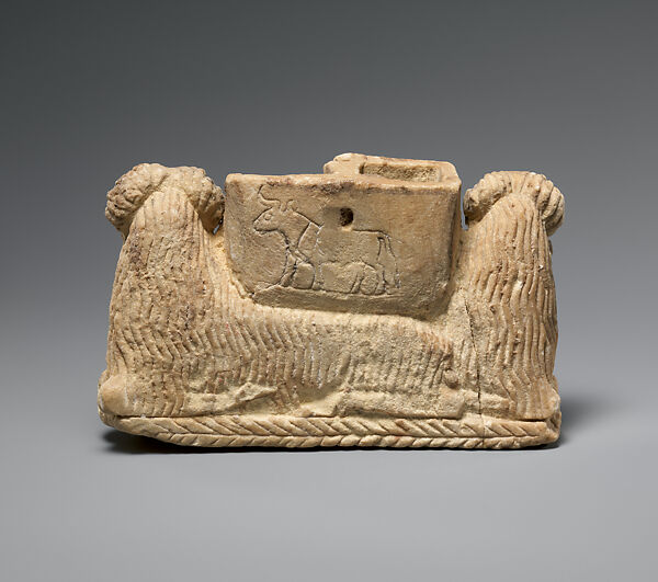 Vessel supported by two rams, Gypsum alabaster, Sumerian