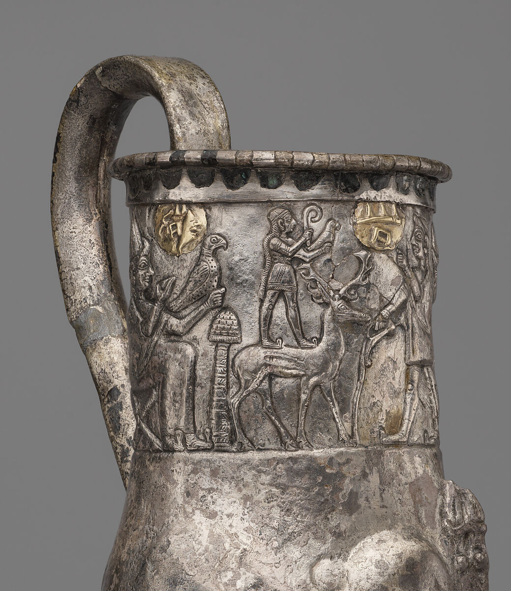 Vessel terminating in the forepart of a stag, Silver, gold inlay, Hittite