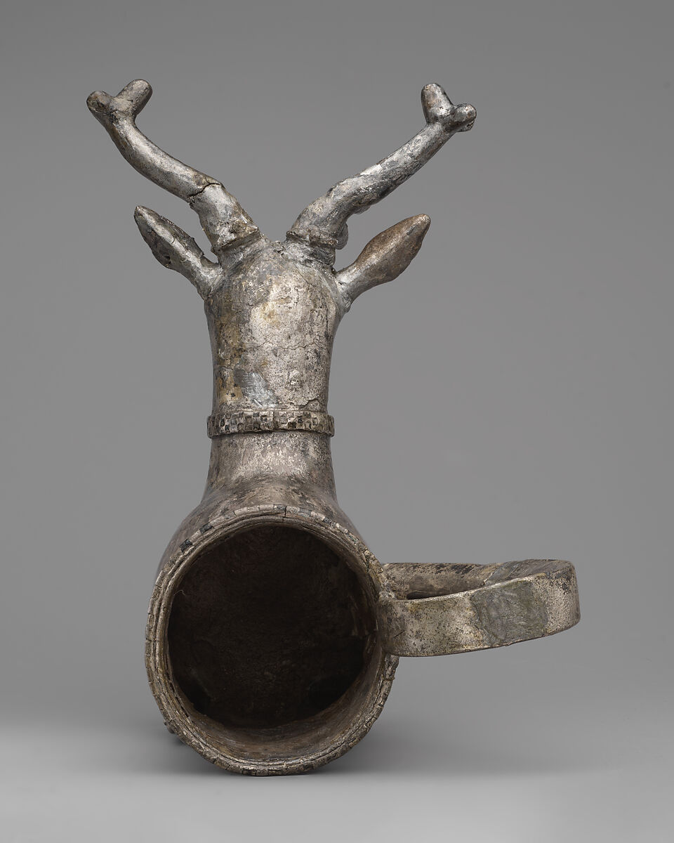 Vessel terminating in the forepart of a stag, Silver, gold inlay, Hittite