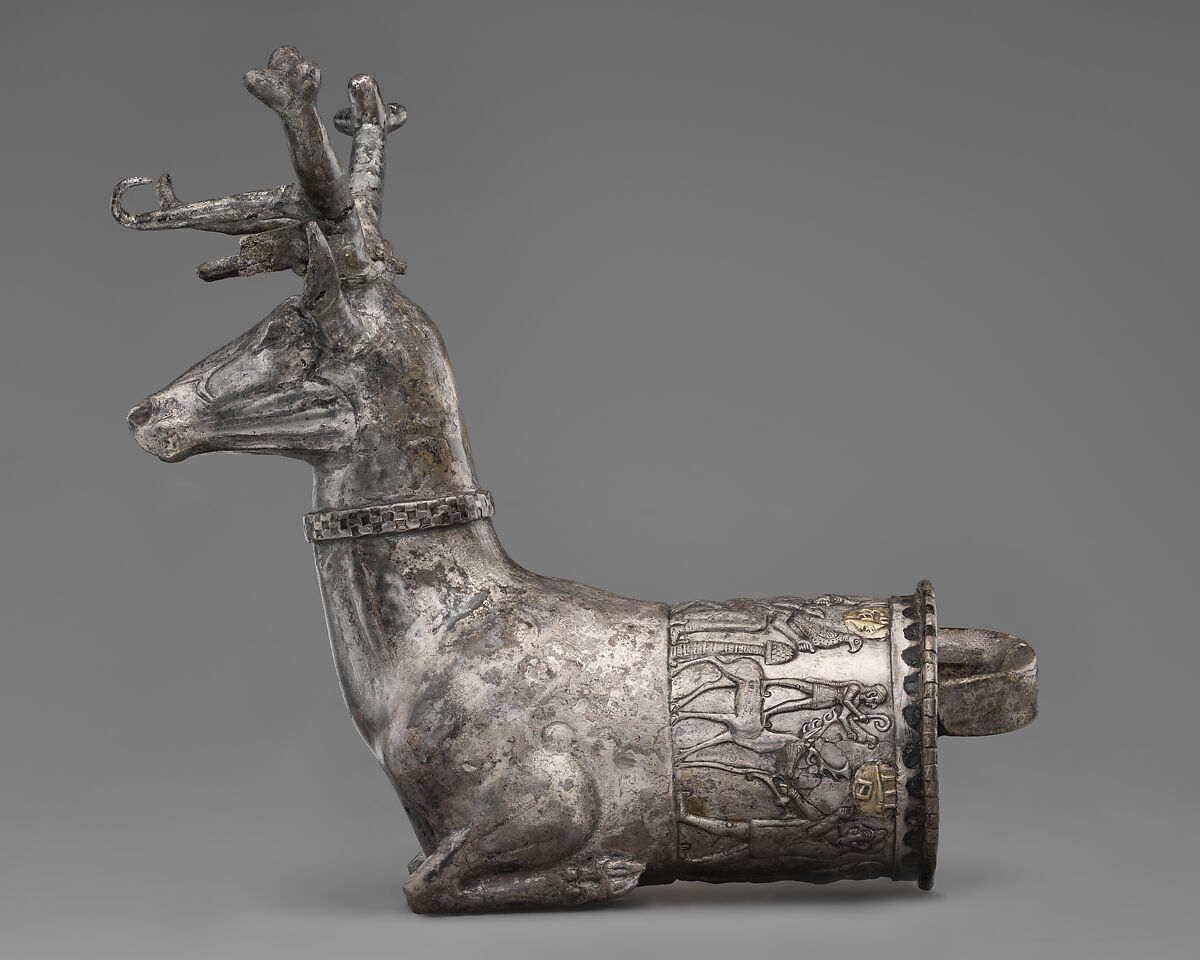 Vessel terminating in the forepart of a stag, Silver, gold inlay, Hittite