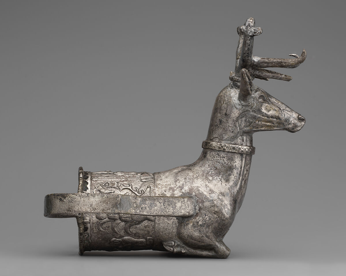Vessel terminating in the forepart of a stag, Silver, gold inlay, Hittite