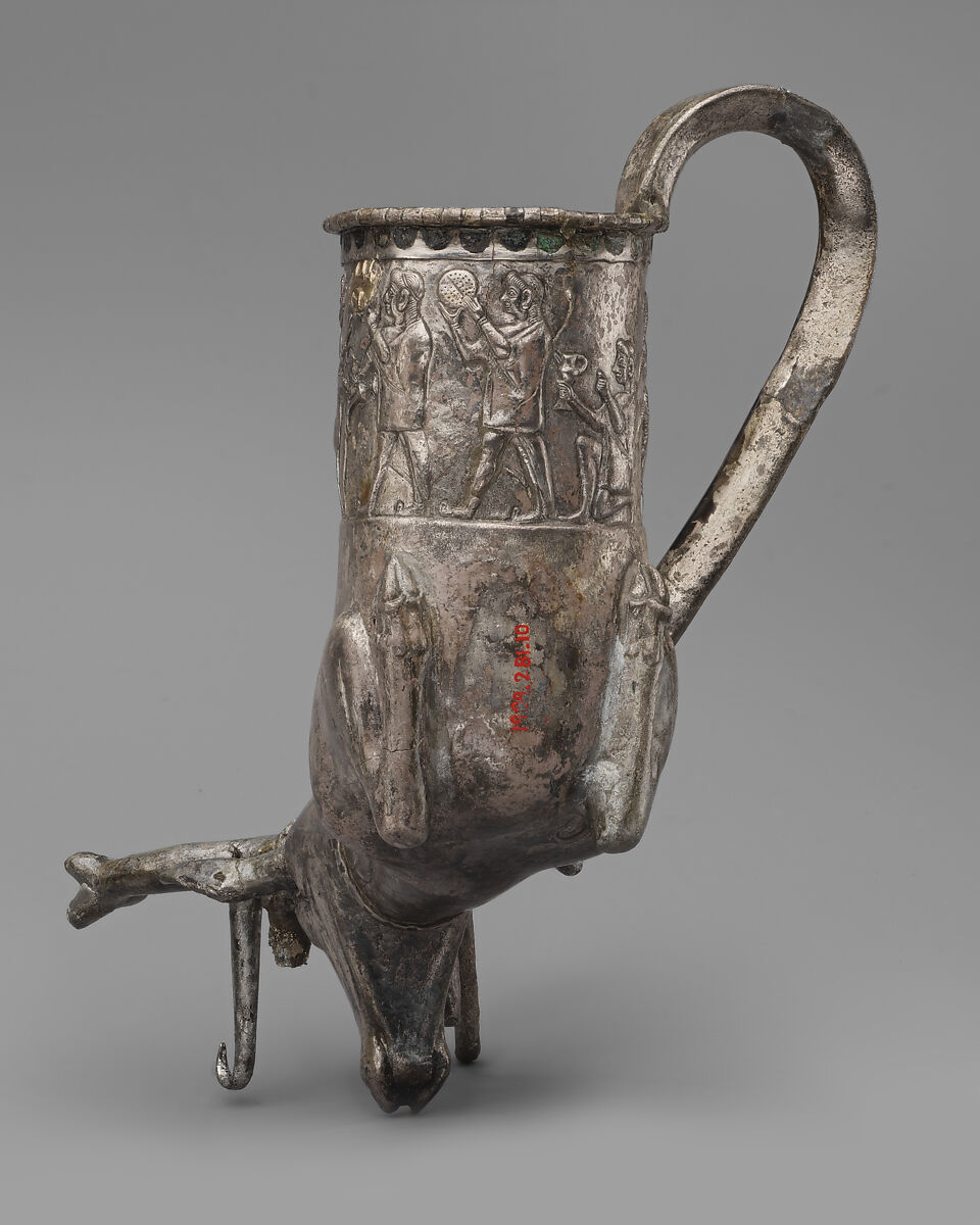 Vessel terminating in the forepart of a stag, Silver, gold inlay, Hittite