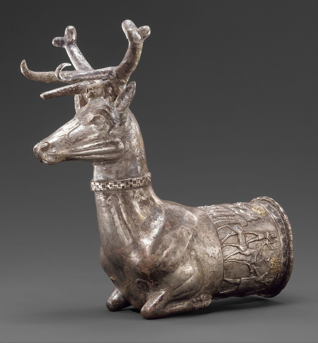 Vessel terminating in the forepart of a stag, Silver, gold inlay, Hittite 