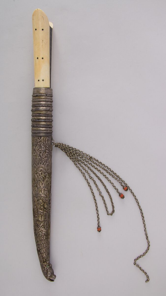 Dagger (Yatagan) with Sheath, Steel, ivory, silver, carnelian, ruby, Balkan