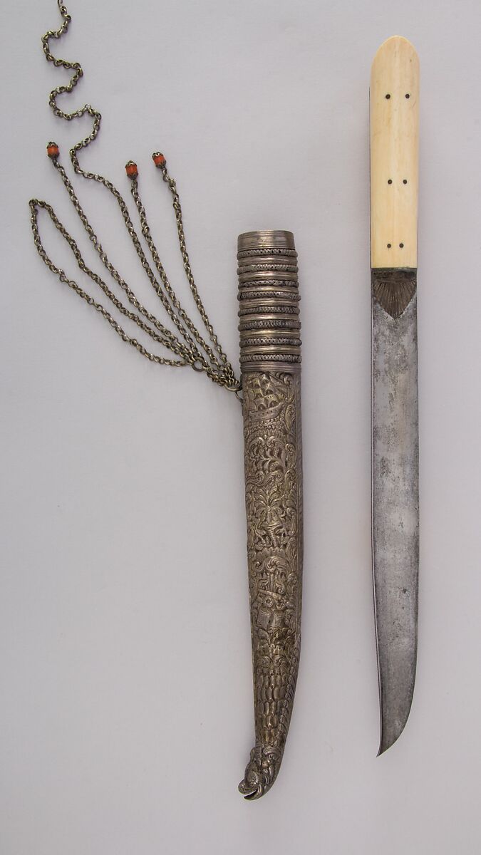 Dagger (Yatagan) with Sheath, Steel, ivory, silver, carnelian, ruby, Balkan