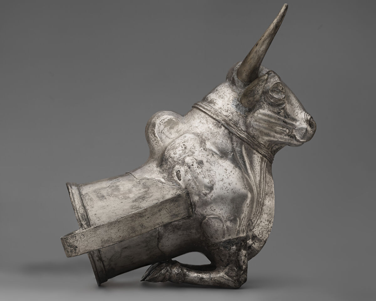 Vessel terminating in the forepart of a bull, Silver, Hittite